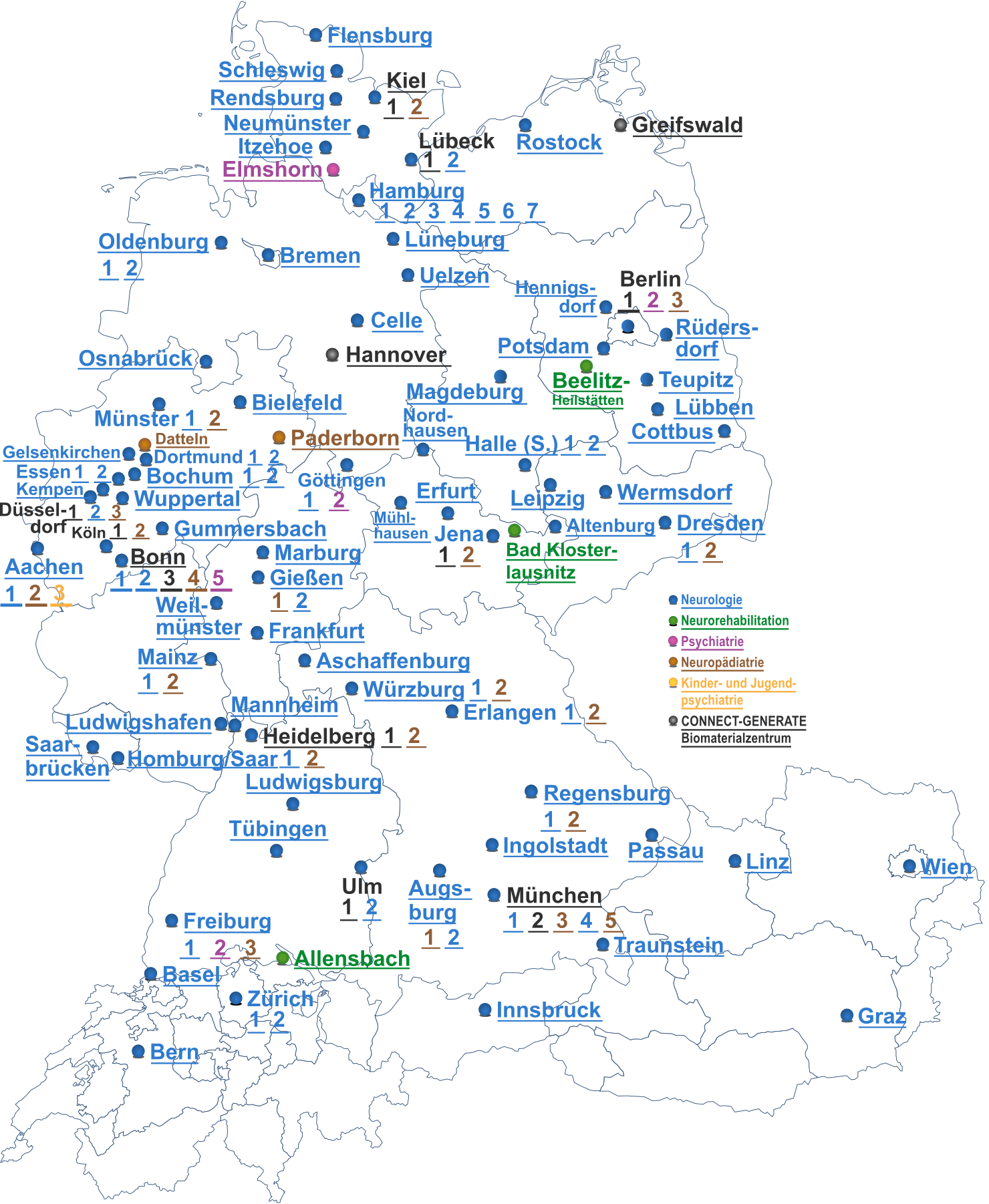 Landkarte mit den Zentren
