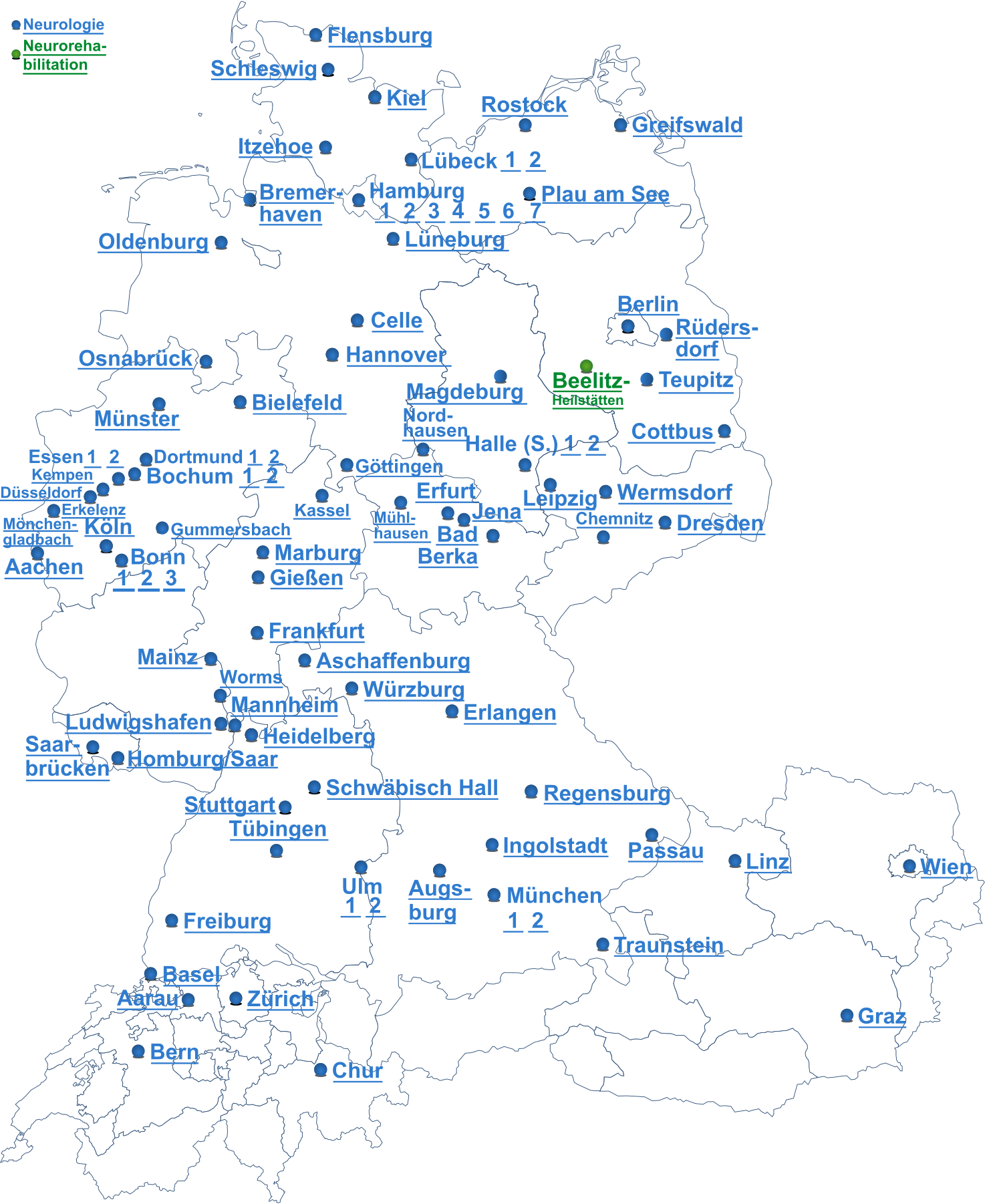 Landkarte mit den Zentren