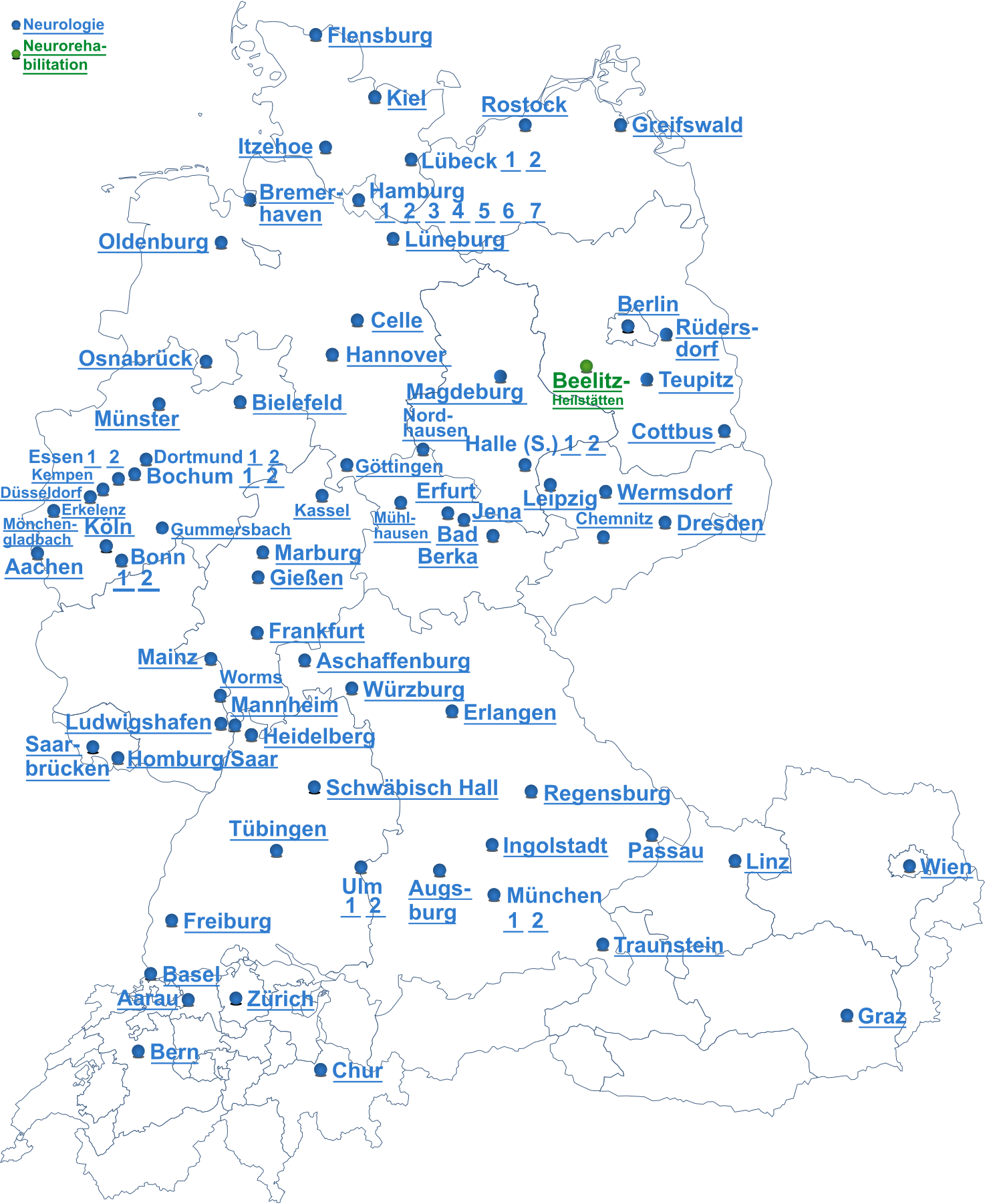 Landkarte mit den Zentren